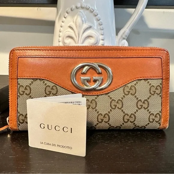 Gucci GG Canvas Zip Around Wallet Brown & Orange Leather Authentic - Picture 9 of 12